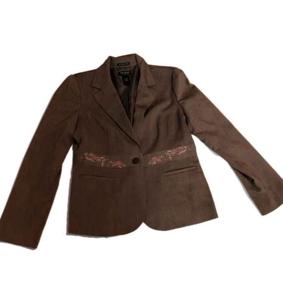 Axcess Liz Claiborne Floral Embroidered Jacket Career Stretch Blazer Brown Sz 14 - Picture 2 of 9